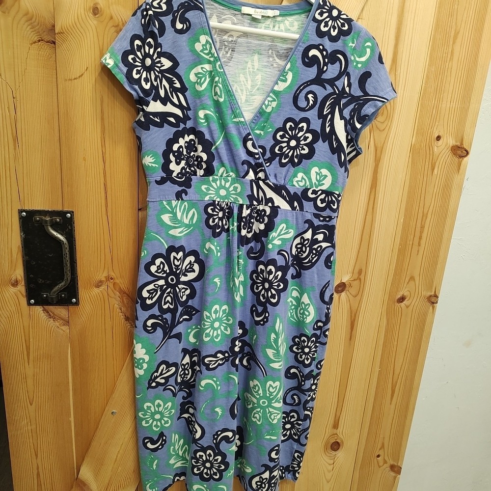 Boden Slub Jersey Dress Sz 10L Blue Green White Floral Paisley V-Neck Cap Sleeve